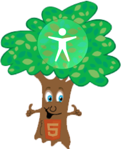 the accessibility tree, smiling and 2 thumbs up. With the universal access symbol in its foliage and the HTML5 logo on its trunk.