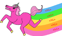 pink unicorn with a rainbow of h1 elements trailing behind