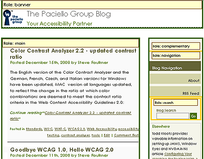 TPG blog page with banner, main, complementary, search and navigation landmark role usage visualised.